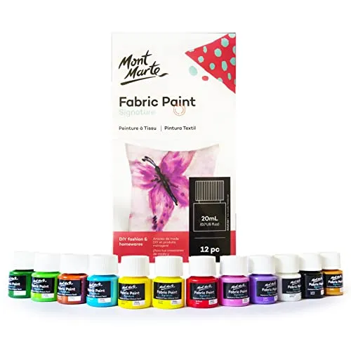 Mont Marte Textilfarben Set – 12 Stück x 20ml – Waschfeste Stoffmalfarben – Hochwertige Farben – Ideal für Kleidung, Taschen und allen Stoffen