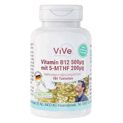 Vitamin B12 500μg 5-MTHF 200μg - 180 Tabletten - Methylcobalamin - aktive Folsäure - Hochdosiert - Bioverfügbar - Qualität aus Deutschland - ViVe Supplements