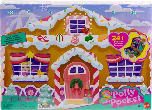 Polly Pocket Adventskalender mit Lebkuchenhaus-Spielset - Spielzeugfiguren & Spielsets – 24 Überraschungen und 1 Minipuppe für 24 Tage Weihnachtsfreude im Lebkuchenhaus!