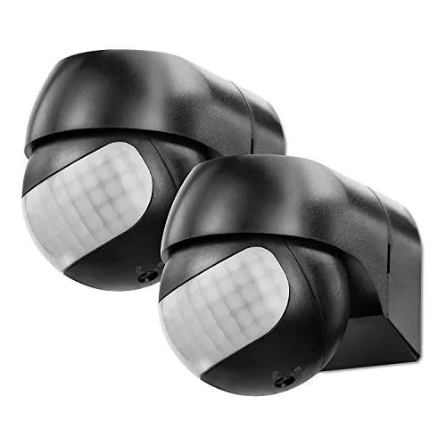 conecto Infrarot Bewegungsmelder innen+außen Aufputz Wand LED 180° schwenkbar neigbar IP44 Dämmerungssensor (2er Set), schwarz