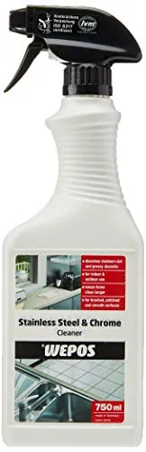 Wepos Edelstahl & Chrom Reiniger 750ml | für Innen und Außen | Löst hartnäckige Verschmutzungen und fettige Ablagerungen | Löst Schmutz, Öl, Fette und Fingerspuren