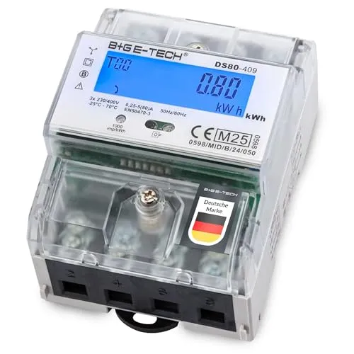 Drehstromzähler DS80-409 MID für Hutschiene – Digitaler 3-Phasen Stromzähler 80A mit LCD, IR-Schnittstelle und S0-Ausgang (M25)