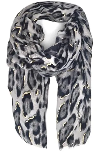 styleBREAKER Damen Schal mit Leoparden Muster und goldenen Metallic Akzenten | weiches langes Tuch mit kurzen Fransen 180 x 88 cm, Farbe:Grau-Schwarz