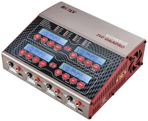 Reely V-Charge 240 Quadro Multifunktionsladegerät - Ladegeräte & Stromquellen für Funktionsmodellbau – 4 Ladeausgänge, ideal für verschiedene Akkutypen, flexibel einstellbare Ladeparameter und Betrieb an 12 V oder 230 V.