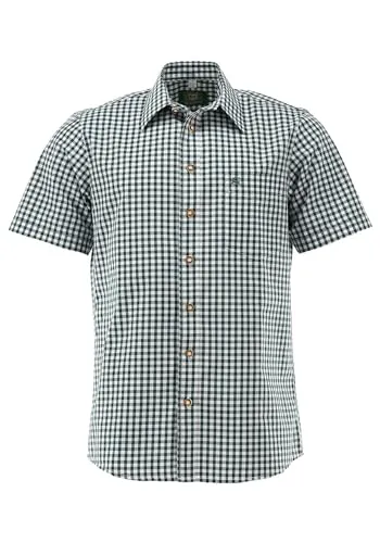 OS Trachten Herren Hemd Kurzarm Zihul in Dunkelgrün, Größe 47/48 - Elegantes Trachtenhemd mit Liegekragen und aufgesetzter Brusttasche. Ideal für festliche Anlässe und den Alltag.