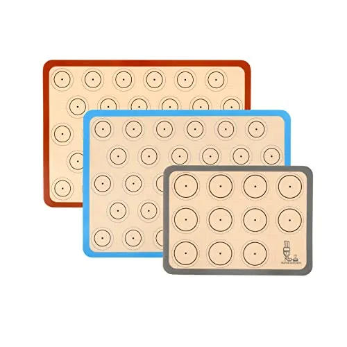 SUPER KITCHEN Backmatte aus Silikon für Macaron Keks - 3-Stück Set, Backunterlage Silikonmatte Backfolie Backpapier Backzubehör, Antihaft Matte für Makronen/Brot/Pizza, 42x29,5cm, 29,2cmx21,6cm