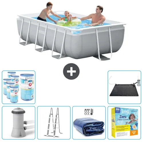 Intex Rechteckiges Prisma-Rahmen-Schwimmbecken – 300 x 175 x 80 cm – Grau – inklusive Pumpe – Leiter Sonnensegel