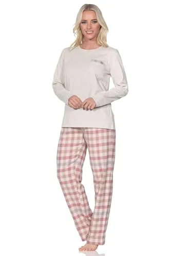 Normann Damen Schlafanzug lang Pyjama mit Flanell Pyjamahose in Karo Optik, Farbe:Creme, Größe:44-46