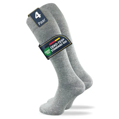 Damen & Herren Kniestrümpfe (4 Paar) lange Socken mit Komfortbund aus 80% Baumwolle | kein Verrutschen |ohne drückende Naht | extra weich und lange haltbar (43-46, hellgrau)
