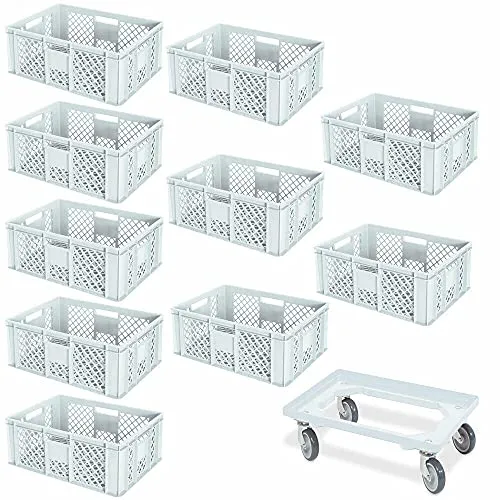 BRB-Lagertechnik Stapelbox Set mit Transportroller - Stapelboxen-Set mit 10 Eurobehältern und Transportroller, stoßfest und lebensmittelecht. Ideal für sicheres Lagern und Transportieren von Waren.