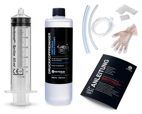 OCTOPUS Fluids Düsenreiniger 500ml für Brother Druckköpfe mit Schlauchadapter Nachfülltinte (für Brother, Reinigungsset, 0x 500 ml, Made in Germany)