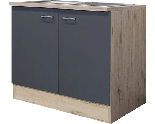 Flex Well Spülenschrank Tiago 100 cm - Küchenschrank mit integrierter Spüle, elegantes basaltgraues Design, ideal für moderne Küchen und platzsparend.