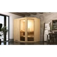 Weka Elementsauna Varberg 1 Sparset 5,4 kW mit Glastür - Massivholzsauna mit platzsparendem Design und einfacher Montage. Genießen Sie eine persönliche Wellness-Oase mit hochwertigem Fichtenholz, 8 mm Sicherheitsglas und optimaler Isolierung.