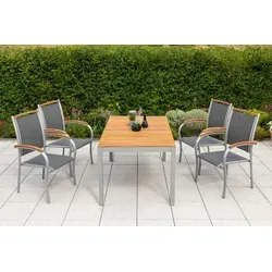 Merxx Siena Set 5-tlg. mit 4 Stapelsesseln und Gartentisch - Gartenmöbel-Set mit klassischer Optik, pulverbeschichtetem Aluminium und eleganten Akazienholzapplikationen. Platzsparend stapelbare Sessel und großzügiger Tisch für bis zu 6 Personen.