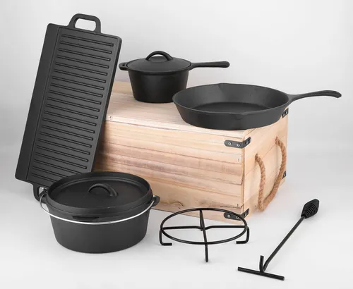 Carl Schmidt Sohn Topf-Set Parilla, 9-tlg. Gusseisen - Töpfe Set aus hochwertigem Gusseisen, ideal für offene Flamme, inkl. Grillplatte und Untersetzer für vielseitiges Kochen und Grillen.