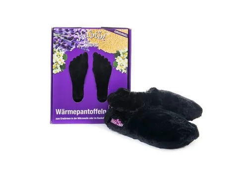 Habibi Wärmeschuhe schwarz Gr. L (41-45) - Flauschige Hüttenschuhe für wohlige Wärme - Hausschuhe in Größe L (EU 41-45), ideal für kalte Tage. Erwärmbar in Mikrowelle oder Ofen, sorgen sie für angenehme Wärme und sind aus flauschigem Microfaser-Material gefertigt.