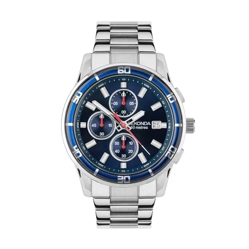 Sekonda Sport Midnight Herren-Chronograph, 44 mm, analog, Datumsanzeige, silberfarbenes Edelstahlarmband, blau / silber, Japanisch