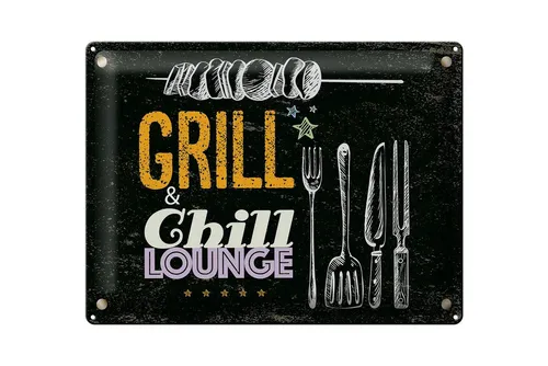Femer GmbH Metallschild Spruch Grill & Chill Fleisch Grillen 40x30cm, (1 St), gewölbte Oberfläche, abgerundete Ecken, umgeschlagene Kanten