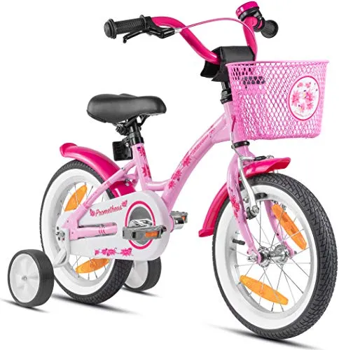 PROMETHEUS Mädchenfahrrad 14 Zoll in Rosa Lila & Weiß - Kinderfahrrad mit abnehmbaren Stützrädern, sicherem Bremsystem und leichtem Aluminiumrahmen - perfekt für kleine Abenteuer und unbeschwerte Fahrten!