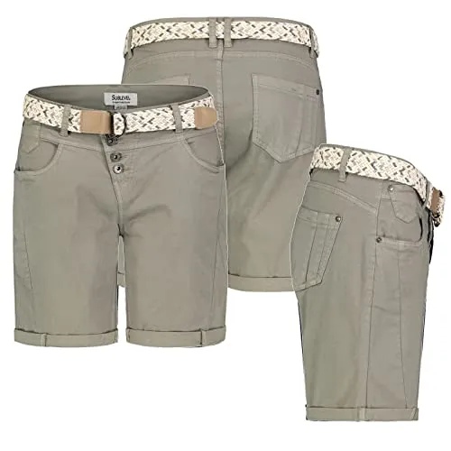 Sublevel Damen Short Bermuda Kurze Hose Sommer Chino Stoff Sommer mit Gürtel, Hosengröße:XS / 34, Farbe:Olive