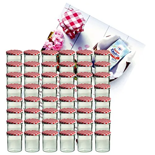 48er Set Sturzglas 350 ml mit kariertem Deckel und Rezeptheft - Vorratsgläser zum luftdichten Konservieren, ideal für Marmelade, Obst und Gemüse. Enthält 48 Gläser mit dekorativen Twist-Off Deckeln und einem Rezeptheft für kreative Einmachideen.