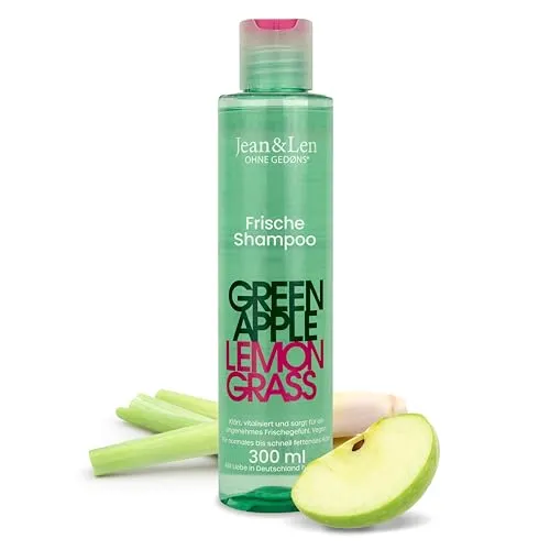 Jean & Len Frische Shampoo Green Apple & Lemongrass, vegan, 300 ml | Für fettige Haare, stellt das natürliche Gleichgewicht der Kopfhaut wieder her, mit Apfelduft, ohne Silikone & Parabene