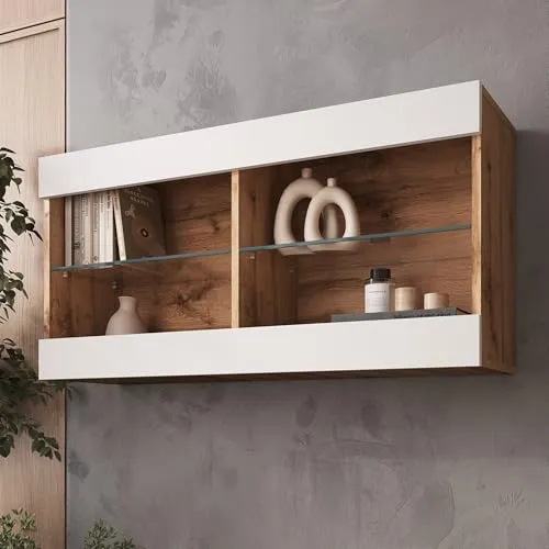 Komodee, Hängende Vitrine Schrank Tivoli Horizontal, Weiß/Wotan, Breite 100cm x Höhe 50cm x Tiefe 29cm, 2 Regalböden, für Wohnzimmer, Schlafzimmer, Eingang