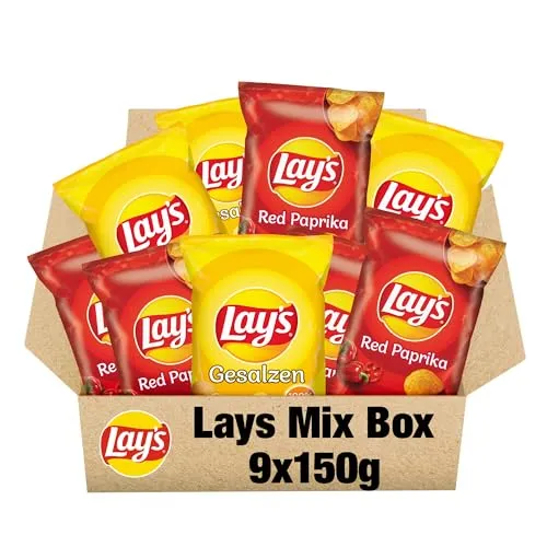 Lays Chips Mix 9x150g – Kartoffelchips im Großpack – Red Paprika & Salted – Knuspriger Snackmix aus gewürzten und gesalzenen Chips – Party Pack Vorratspackung