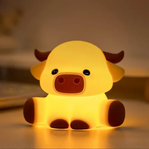 Gemmac Highland Cow Nachtlicht Kinder, Hochlandrind Süßes Silikon Nachttischlampe, 7 Farben LED Nachtlampe mit 30 Timer Dimmbar, Tiere Touch Lampe für Home Decoration Geschenke für Jungen und Mädchen