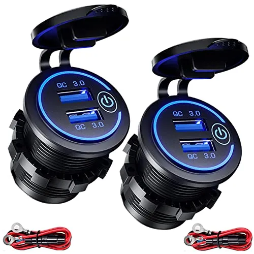 Intckwan 2-Port USB Ladegerät für Auto, QC 3.0 36W Schnellladung mit Schalter und Blau LED, wasserdichte und Staubdicht für 12V~24V KFZ Boot Motorrad SUV Bus LKW Wohnwagen 2 Stück