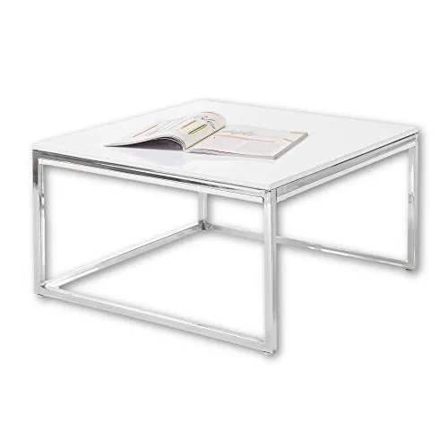 Stella Trading Moderner Couchtisch in Weiß Hochglanz - Beistelltisch fürs Wohnzimmer mit zeitlosem Design und verchromtem Metallgestell, ideal für moderne und minimalistische Wohnräume. Maße: 70 x 40 x 70 cm.