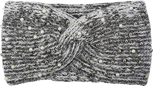 styleBREAKER Damen Strick Stirnband mit Perlen, Metallic Garn und Twist Knoten, warmes Winter Haarband, Headband 04026029, Farbe:Weiß-Schwarz