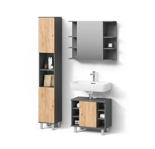 Livinity® Badmöbel-Set Fucino: Elegante 3-teiliges Set in Anthrazit/Goldkraft Eiche - Badmöbel-Sets mit hochwertiger Melaminharzbeschichtung, inklusive Badspiegelschrank, Waschbeckenunterschrank und Hochschrank für stilvolle Ordnung im Badezimmer.