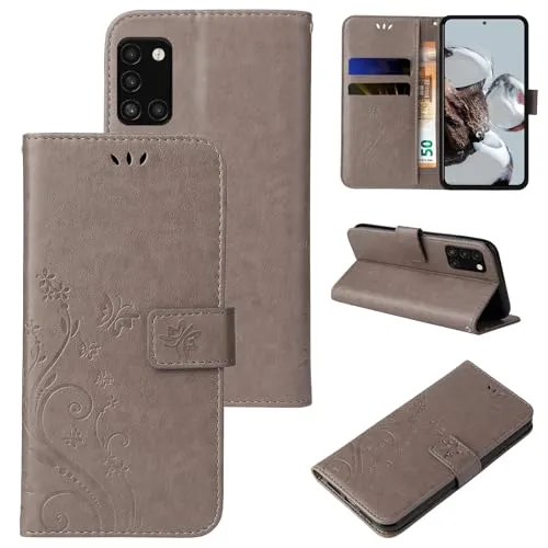 LBH Handy Hülle für Samsung Galaxy A31 Case Handytasche Schmetterling Blumen Flower Standfunktion Schutzhülle Magnet Rundum Schutz 360 Grad Flipcase Cover Grau