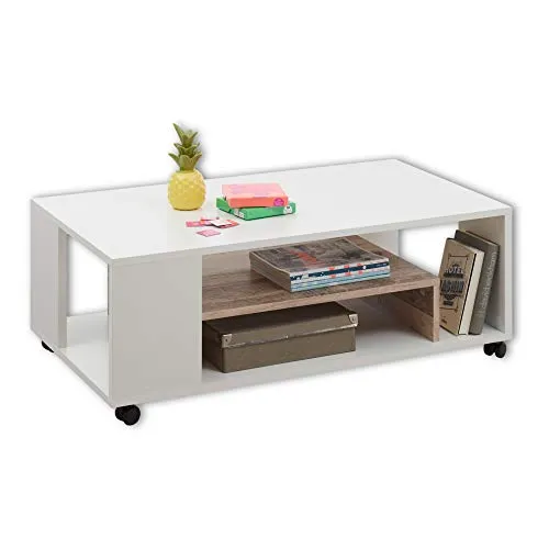 Stolkom Sp.z.o.o. Couchtisch weiß 108 x 40 x 60 cm - Moderner Couchtisch in Weiß mit 3 offenen Fächern und 4 Rollen, ideal für flexibles Wohnen und stilvolle Raumgestaltung.