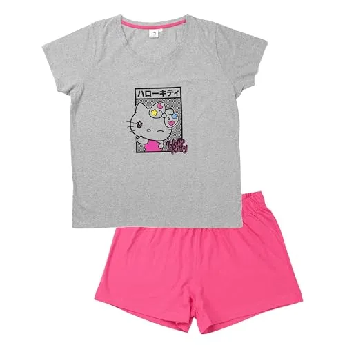 United Labels Hello Kitty Schlafanzug für Damen - Pyjama Set Kurzarm Oberteil mit Shorts Grau/Pink (DE/NL/SE/PL, Alphanumerisch, XL, Regular, Regular, Grau/Pink)