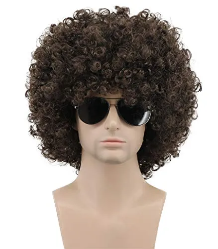 karlery Herren Damen Afro 70er 80er Kurz Lockige Dunkelbraun Rocker Party Perücke Männer California Kostüm Cosplay Perücke