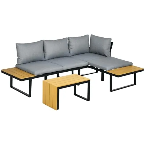 Outsunny 3-TLG. Gartenmöbel-Set, Balkonmöbel mit Sitzkissen, Gartenlounge-Set mit Doppelsofa, Ecksofa, Couchtisch, für Balkon, Terrasse, Alu, Natur+Dunkelgrau