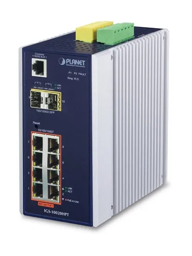 PLANET IGS-10020HPT Managed Network Switch - L2+ Gigabit Ethernet Switch mit 10 Ports, unterstützt PoE+ und bietet eine hohe Bandbreite von 20 Gbit/s, ideal für industrielle Anwendungen bei extremen Temperaturen.