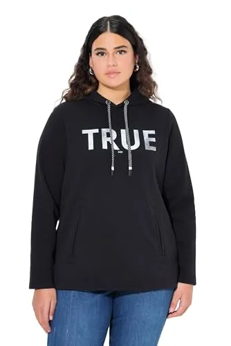 Ulla Popken Damen Plus Size Hoodie mit Kapuze, schwarz, Größe 42+ - Gemütlicher Hoodie mit TRUE-Schriftmotiv, praktischen Taschen und Seitenschlitzen für optimale Bewegungsfreiheit. Ideal für entspannte Tage.