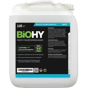 BiOHY Glasreiniger Konzentrat 10L - Nachhaltige Reinigung - Reinigungsmittel für streifenfreien Glanz auf Glas und Chrom, ergibt bis zu 200L Lösung. 100% vegan, biologisch abbaubar und nachhaltig produziert. Ideal für gewerbliche Anwender.