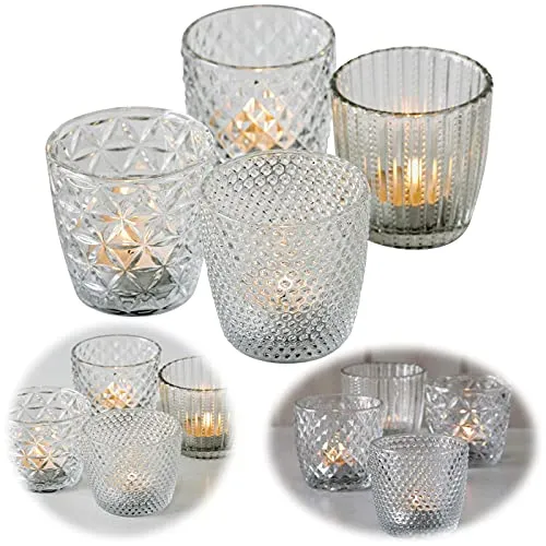 LS-LebenStil 4X Glas Teelichthalter Retro Weiß Klar-Glas 7cm 4´er Set Kristall Ornament Teelicht-Gläser Windlicht-Halter Kerzenständer Tischdeko Kerzen Deko Kerzenhalter für Teelichter Hochzeit