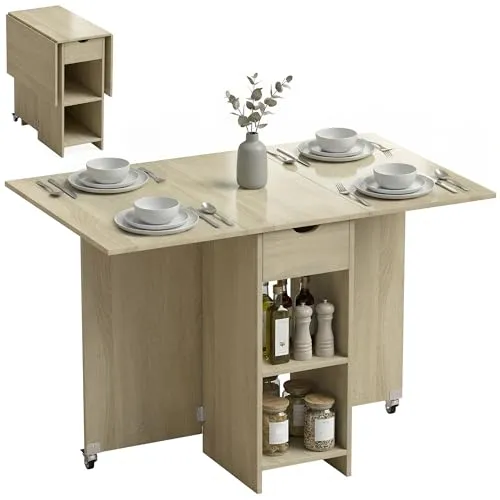 HOMCOM Esstisch Klappbar, Küchentisch mit Schublade und 2 Ablagen für 2-4 Personen, Moderner Esszimmertisch Klapptisch für Kleine Räume, Esszimmer, Küche, 114,5 x 70 x 75 cm, Natur