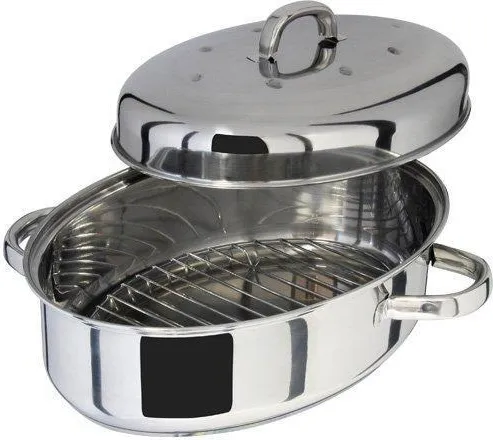 Judge Ovale Pfanne mit Thermoboden, Edelstahl, 32x22x15 cm - Hochwertige ovale Pfanne mit dickem Thermoboden für effizientes Kochen. Ideal für Steaks und Paella, mit konvexem Deckel zur Feuchtigkeitsbewahrung und kühlen Edelstahlgriffen für sicheren Halt.