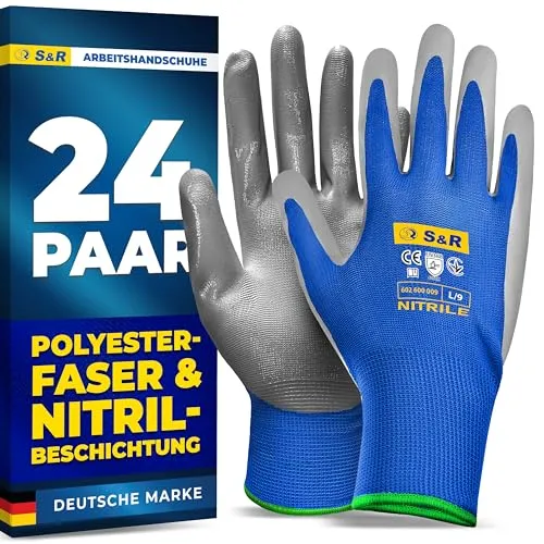 S&R Arbeitshandschuhe mit Nitril-Beschichtung - Nahtlose, rutschfeste Arbeitshandschuhe mit hervorragendem Grip, öl- und wasserdicht – ideal für Bauarbeiten, Montage und Wartung. Flexibel und abriebfest für maximalen Tragekomfort.