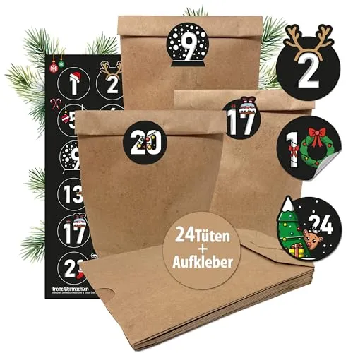 Adventskalender - 24 XL Kraftpapiertüten mit Aufklebern Schwarz-Bunt, individuell gestaltbar für unvergessliche Weihnachtsmomente