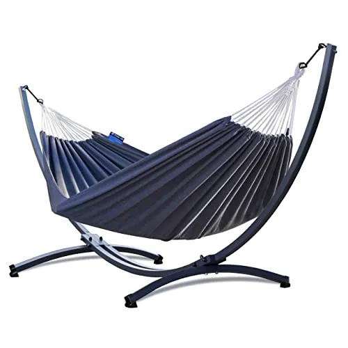 Potenza Outdoor Hängematte mit Gestell für 2 Personen I Baumwolle Doppelhängematte XXL 220x160, 200kg I Hängemattengestell 220kg, wetterfest (Grau, Basic Gestell Graphit)