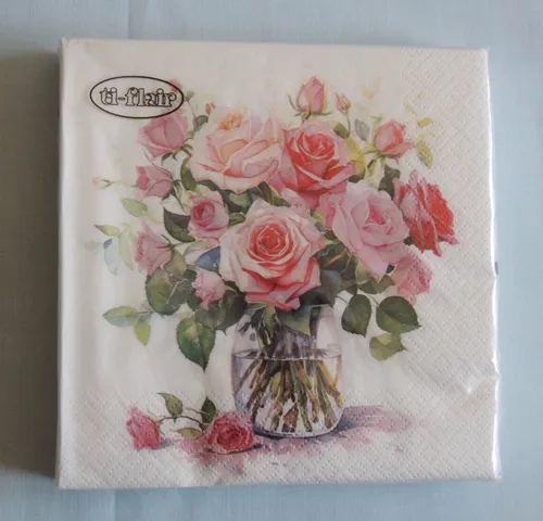 Servietten Rosen in Vase 1 Packung OVP Motivservietten Blumen rosarot roses 20