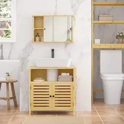 EUGAD Unterschrank für Badezimmer, Bambus mit Lamellentüren, Verstellbares Regal, 60x60x30 cm