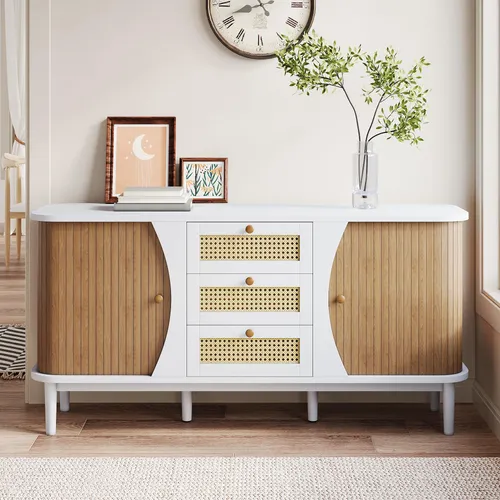 MERAX Sideboard Skandi mit Rattan-Schubladen - Stylisches Sideboard im Landhausstil mit 2 Schiebetüren und 3 Rattan-Schubladen für eleganten Stauraum. Ideal für Wohnzimmer oder Flur, bietet es eine harmonische Kombination aus Funktionalität und Design.